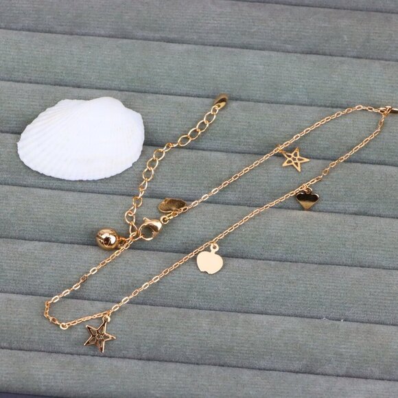 "Charming Rose Gold Anklet with Heart & Star Charms, XPAL1036 - Picture 1 of 12